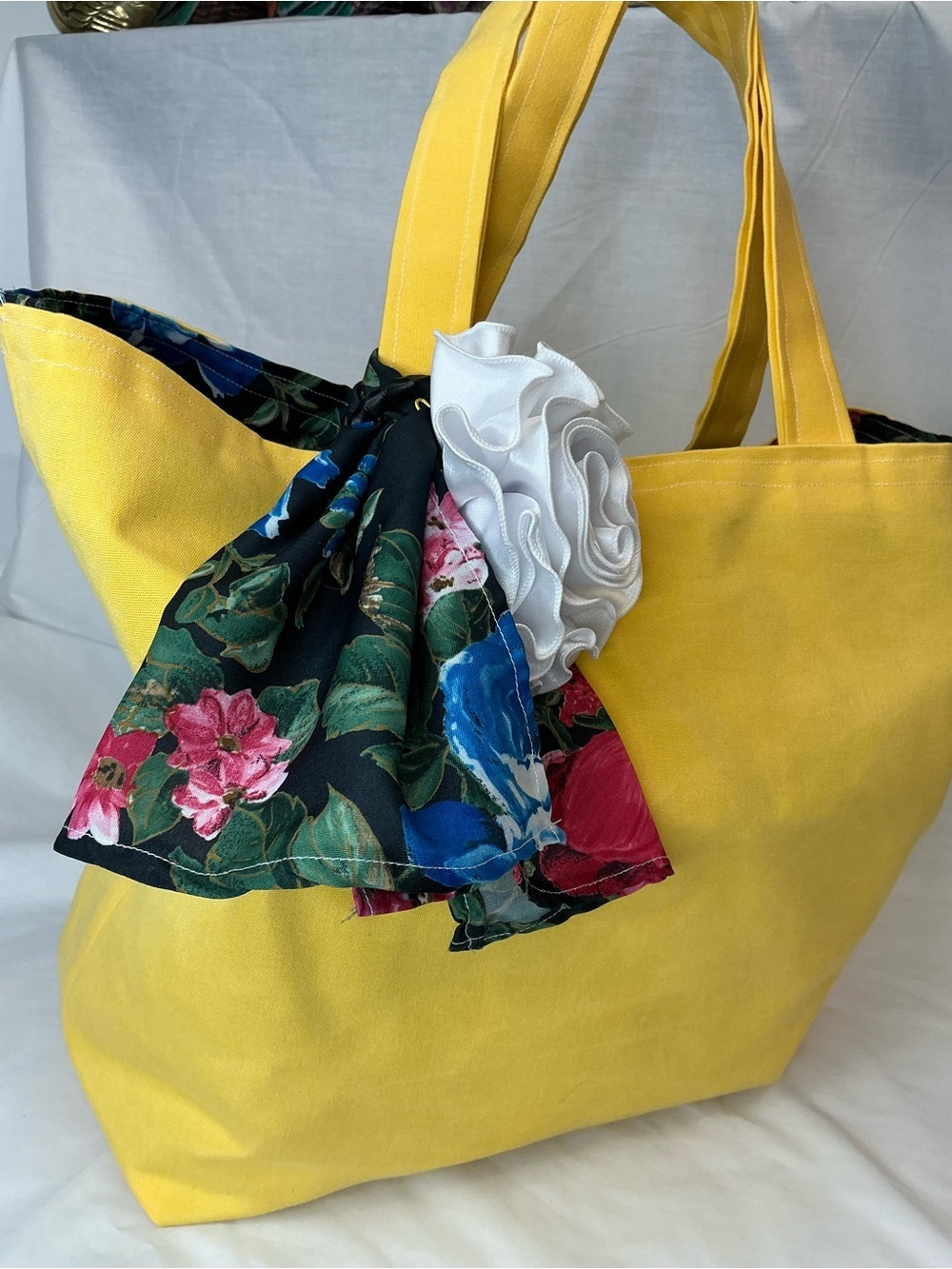 2034 - Handmade Sunny Yellow Canvas Tote with Floral Scarf and Rosette - Picture 6 of 16